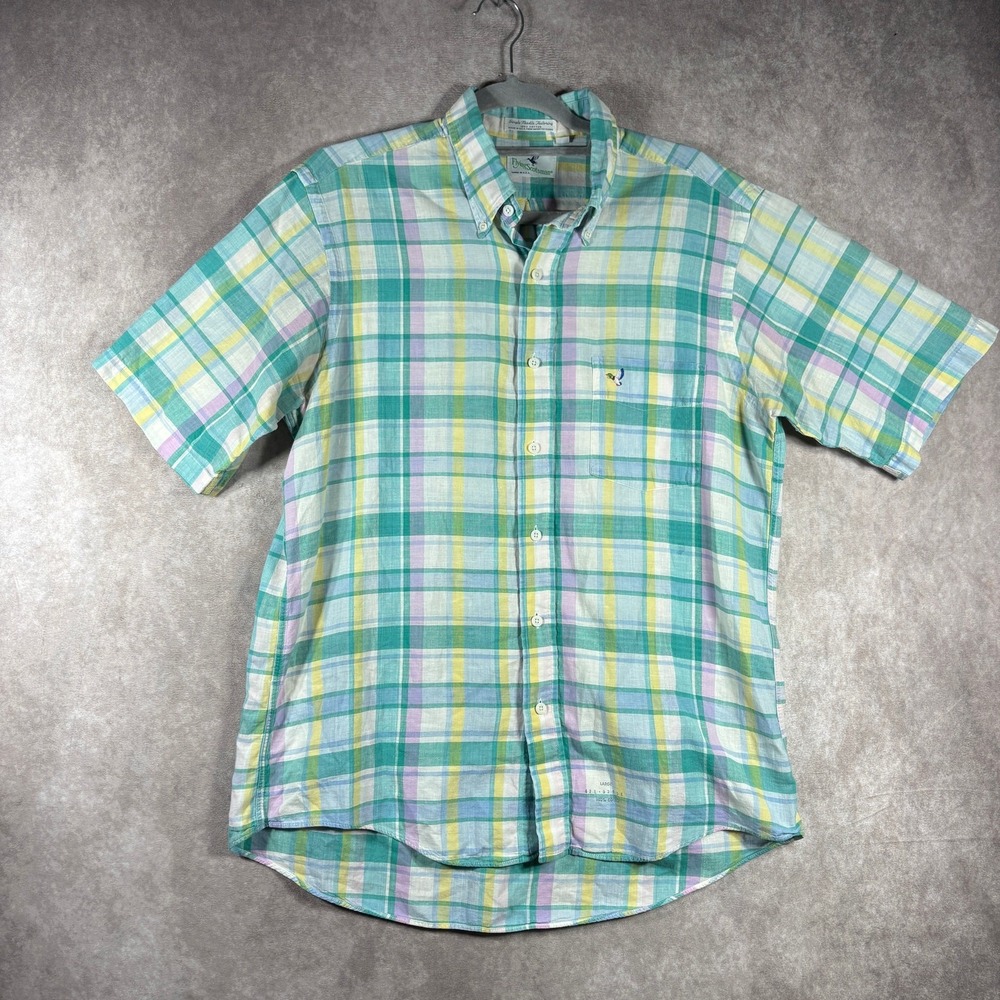 VTG Flying Scotsman Shirt Mens L Green Plaid Button Short Sleeve Single Needle